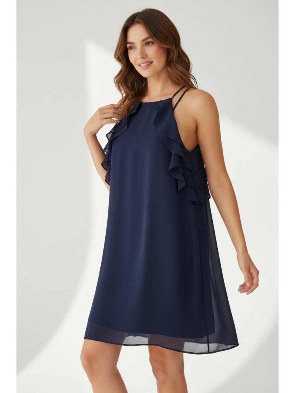 NAKED ZEBRA Navy Blue Sleeveless Ruffle Accent A-Line Mini Length Dress Medium